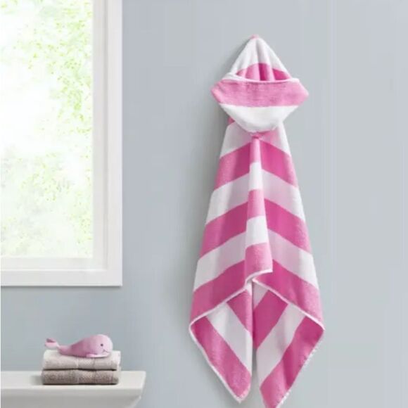 URBAN DREAMS Cabana Stripe Hooded Towel, White/Pink - Picture 1 of 4